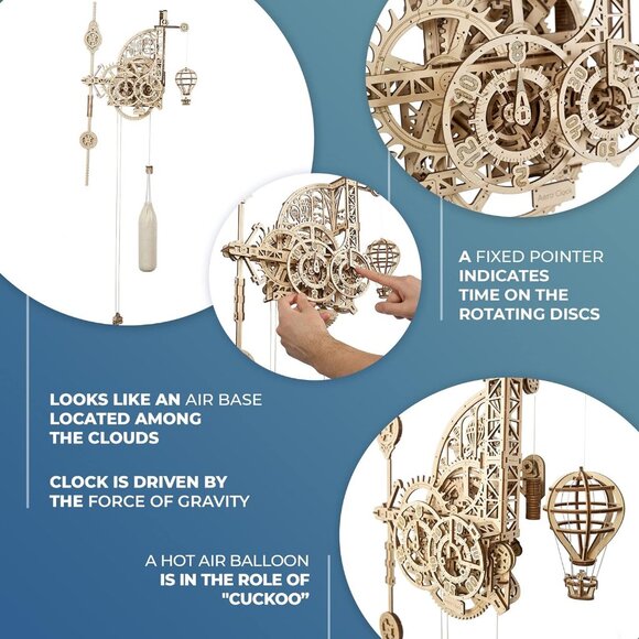 UGEARS Aero Clock 3D Wooden 300+ pcs Puzzle DIY Wood Puzzle Mechanical Kit Wall - Picture 5 of 15